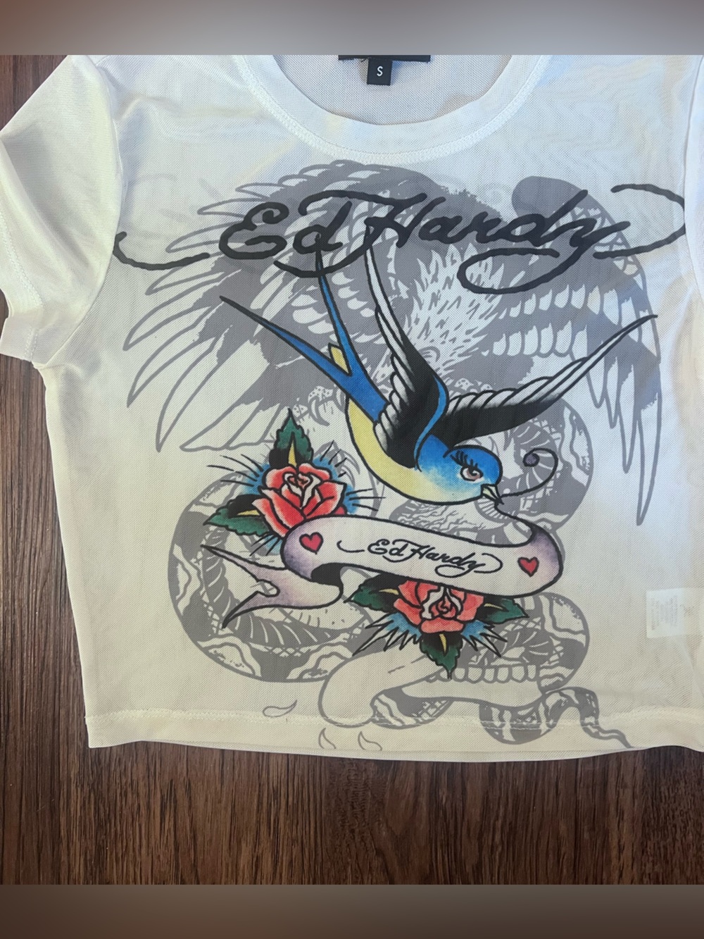 Ed Hardy Blue and Yellow Swallow with Rose Graphic